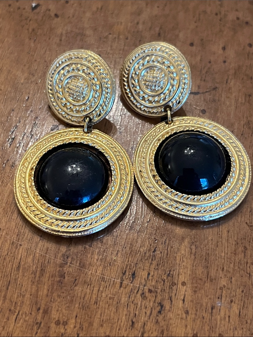 Vintage 1980s Golden Runway Statement Drop Earrings - Black Cabochon pierced
